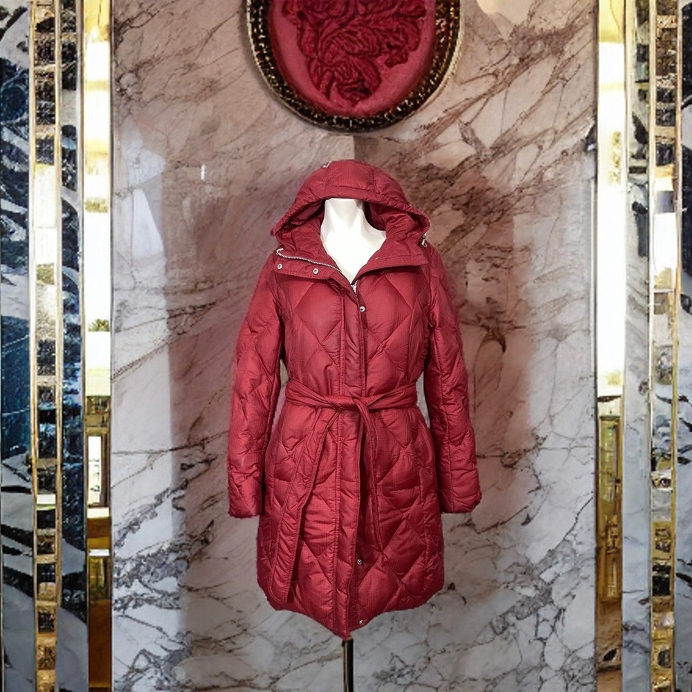 Eddie Bauer Premium Goose Down Belted Red Long Puffer Parka SP